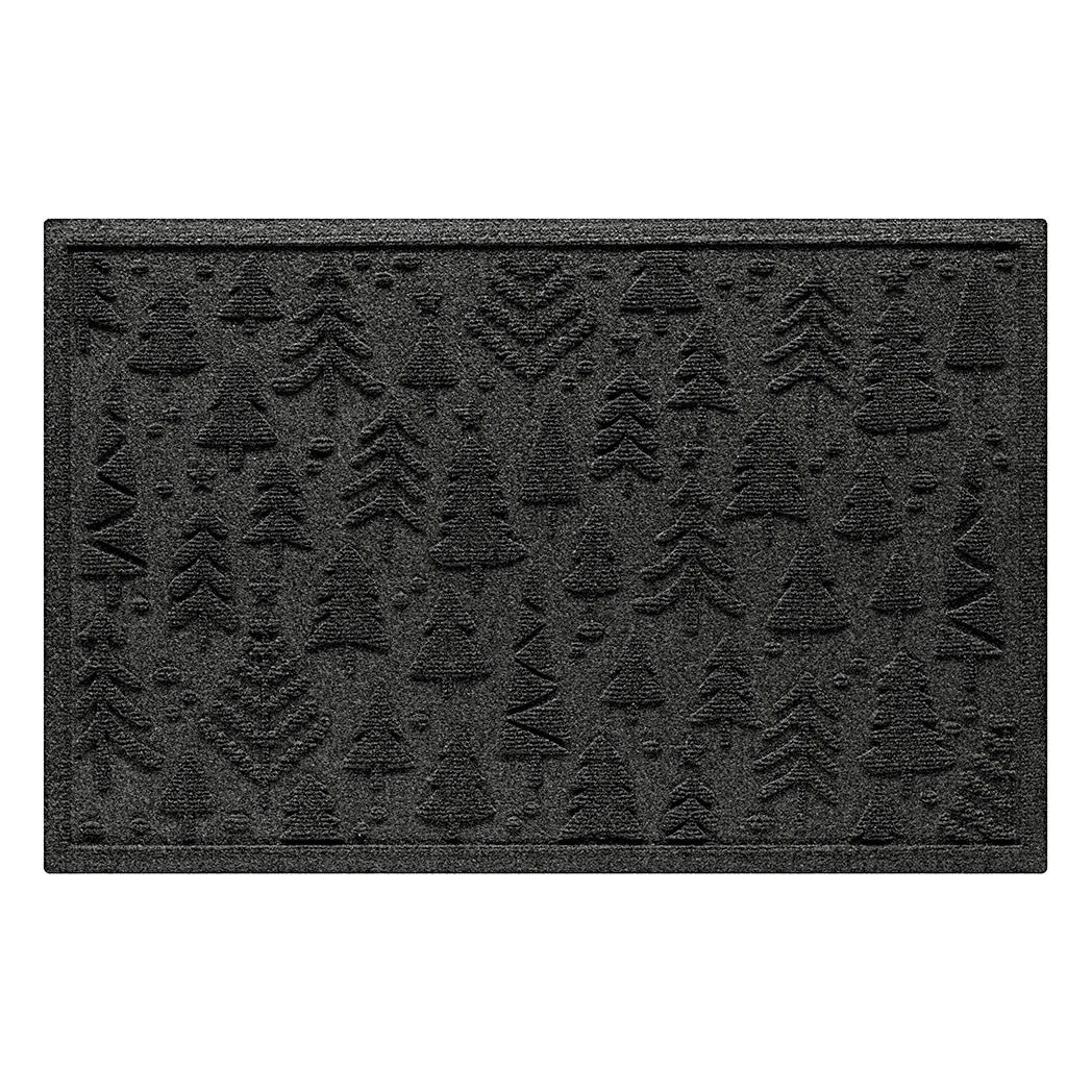 Deep grey doormat with bi-level holiday tree pattern on a white background