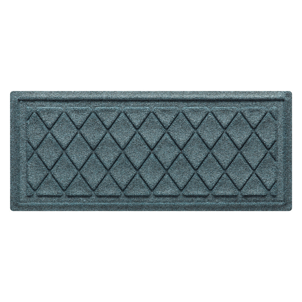 Overhead of an Argyle WaterHog indoor boot tray in a light blue/grey interlocking diamond pattern made on the long-lasting, eco-friendly surface.