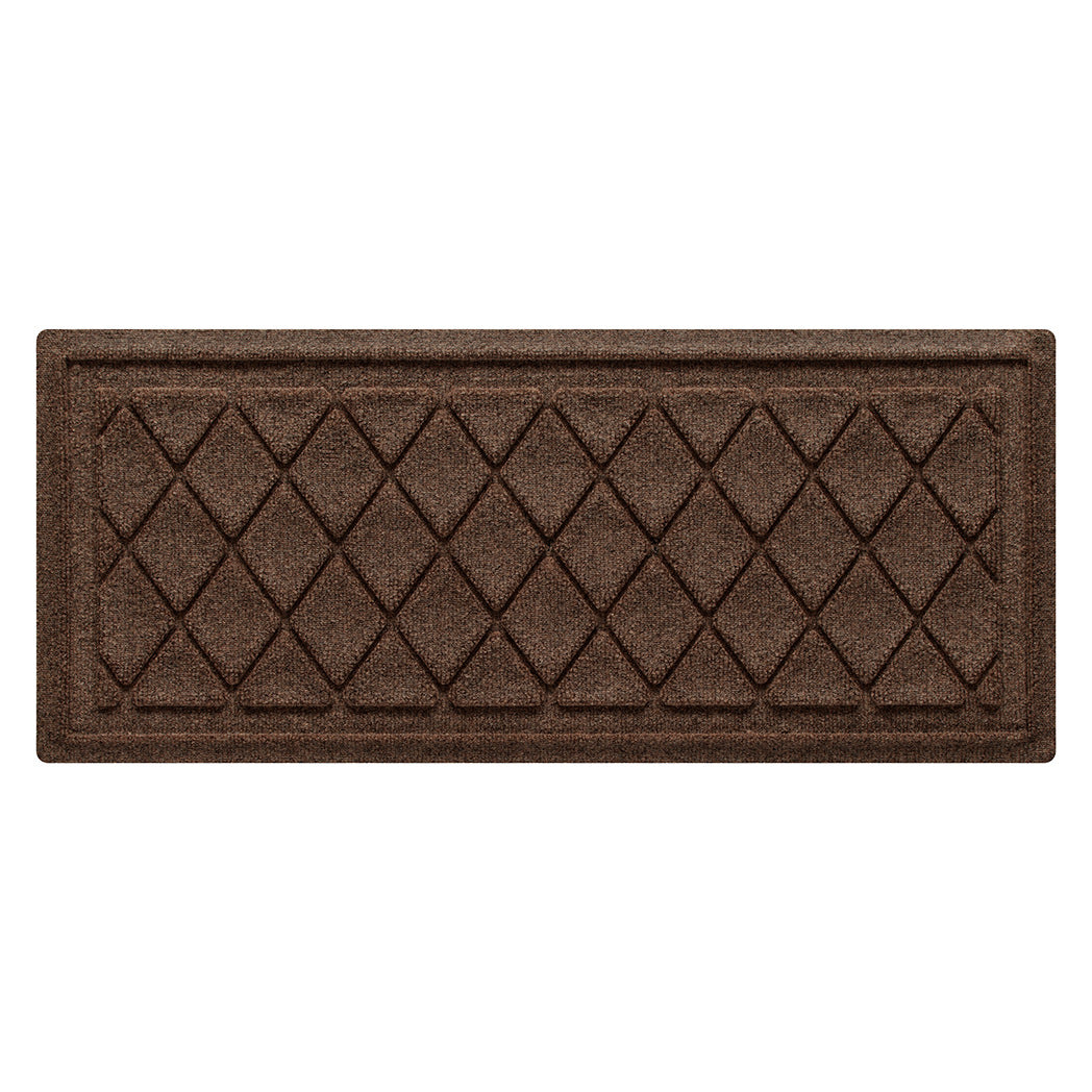 WaterHog Argyle indoor/outdoor modern boot tray mat with a dark earthy brown interlocking diamond design, all on rubber backing.