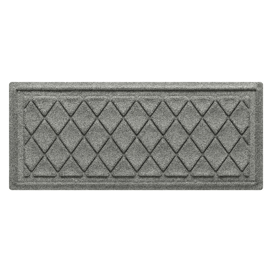 Overhead of a WaterHog Argyle luxury boot tray in a light grey interlocking diamond pattern, backed by Matterly's incredibly durable rubber backing.