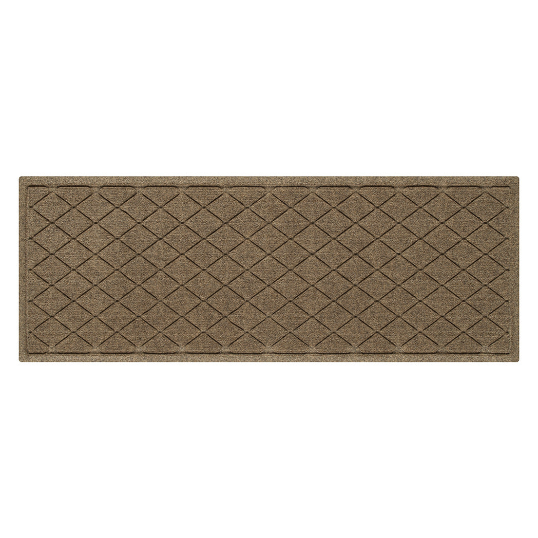 Overhead of a WaterHog Argyle small camel runner mat with an interlocking diamond pattern and backed by the incredibly durable rubber backing that won't rot or crack.