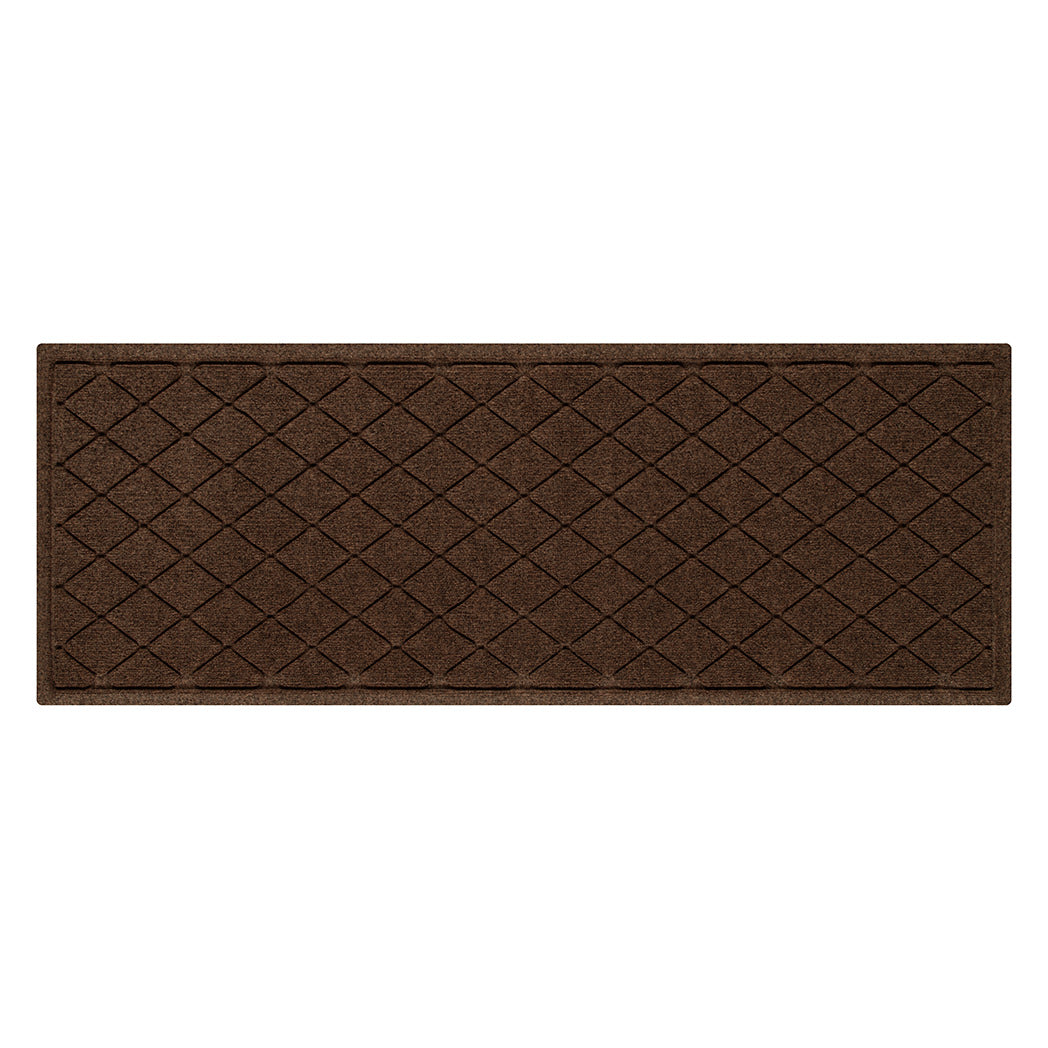 An overhead of a small Argyle WaterHog runner in a dark earthy brown, made from a bi-level, interlocking diamond design, all backed by incredibly durable rubber.