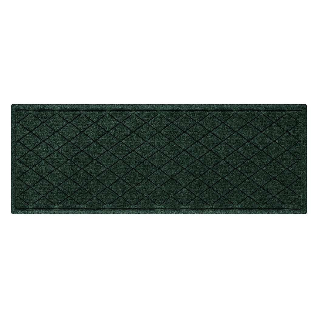 Overhead of a WaterHog small runner with a deep green surface and an interlocking diamond design that is perfect for upgrading and protecting any home.