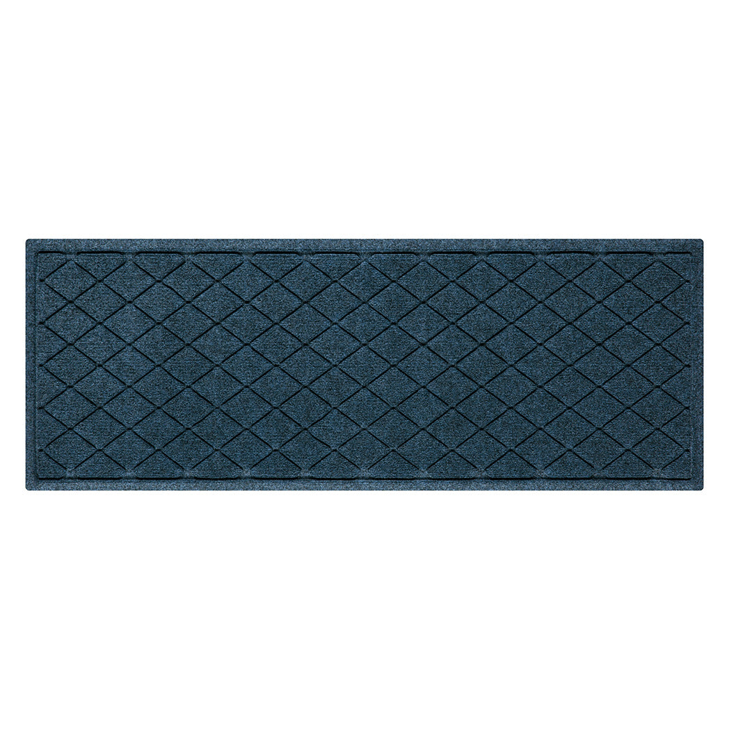 Overhead of an Argyle outdoor small runner with a relaxed blue surface and interlocking diamond pattern, making a perfect addition to any home.