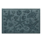 Isolated image of a nautical themed WaterHog Beachcomber medium size outdoor doormat that features a  unique pattern of sea shells and starfish. Shown in bluestone color.