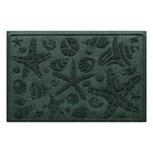 Isolated image of a nautical themed WaterHog Beachcomber medium size indoor/outdoor doormat that features a  unique pattern of sea shells and starfish. Shown in dark evergreen color.