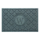 Isolated image of a medium size outdoor WaterHog Bombay Monogrammed Door mat that features a classic repeating geometric pattern with an encircled letter placed in the center; shown in a blue-grey color.