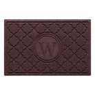 Isolated image of a medium size outdoor WaterHog Bombay Monogrammed Doormat that features a classic repeating geometric pattern with an encircled letter placed in the center; shown in a deep red color.