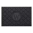 Isolated image of a medium size all-weather WaterHog Bombay Monogrammed Outdoor Doormat that features a classic repeating geometric pattern with an encircled letter placed in the center; shown in a dark charcoal color.