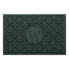 Isolated image of a medium size WaterHog Bombay Monogrammed Outdoor Doormat that features a classic repeating geometric pattern with an encircled letter placed in the center; shown in a dark evergreen color.