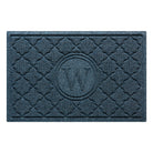 Isolated image of a WaterHog Bombay Monogrammed Outdoor Doormat that features a classic repeating geometric pattern with an encircled letter placed in the center; shown in a navy color.