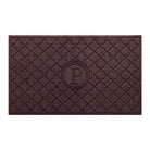 Isolated image of a large outdoor WaterHog Bombay Monogrammed Doormat that features a classic repeating geometric pattern with an encircled letter placed in the center; shown in a deep red color.