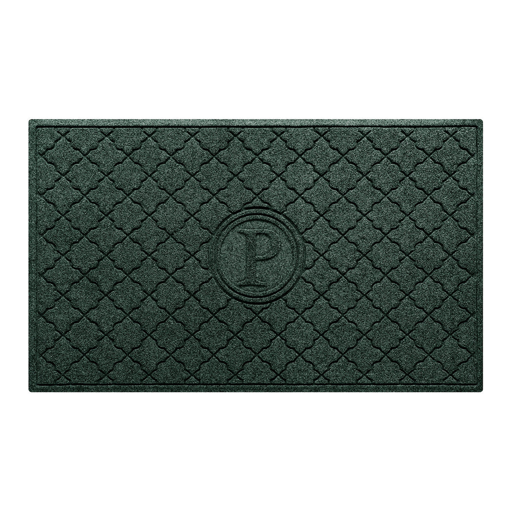 Isolated image of a large WaterHog Bombay Monogrammed Outdoor Doormat that features a classic repeating geometric pattern with an encircled letter placed in the center; shown in a dark evergreen color.