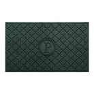 Isolated image of a large WaterHog Bombay Monogrammed Outdoor Doormat that features a classic repeating geometric pattern with an encircled letter placed in the center; shown in a dark evergreen color.