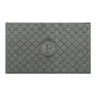 Isolated image of a large WaterHog Bombay Monogrammed Outdoor Doormat that features a classic repeating geometric pattern with an encircled letter placed in the center; shown in a medium grey color.