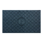 Isolated image of a large outdoor WaterHog Bombay Monogrammed Doormat that features a classic repeating geometric pattern with an encircled letter placed in the center; shown in a navy color.