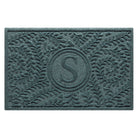 Personalized WaterHog 2x3 Boxwood monogram doormat in a light blue/grey curling botanical pattern.