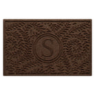 Monogrammed WaterHog medium stylish doormat in a dark earthy brown curling botanical pattern.