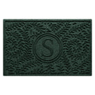 Overhead of a WaterHog 2x3 Boxwood monogram doormat with a deep green curling botanical pattern.