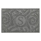 Personalized WaterHog medium Boxwood doormat in a light grey surface and curling botanical pattern.