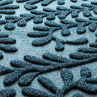 Close-up of the all-weather WaterHog durable surface fibers made of dark and light blue, white, and grey strands.