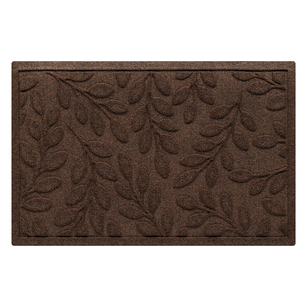 Beautful genuine all-weather WaterHog mat in an earthy dark brown botanical leaf design made of eco-friendly materials. 