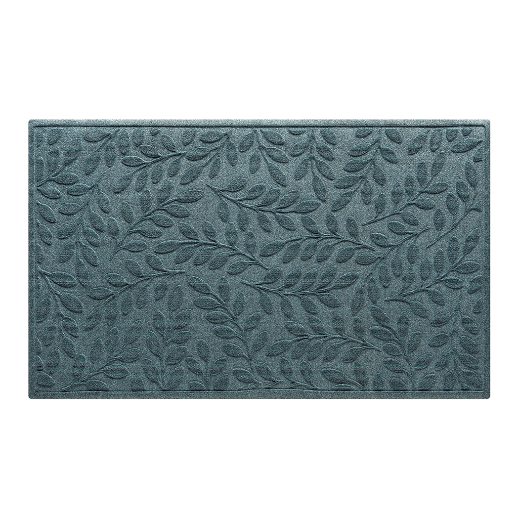 Large blue/green genuine WaterHog doormat with a botanical leafy designed bi-level surface with rubber backing.