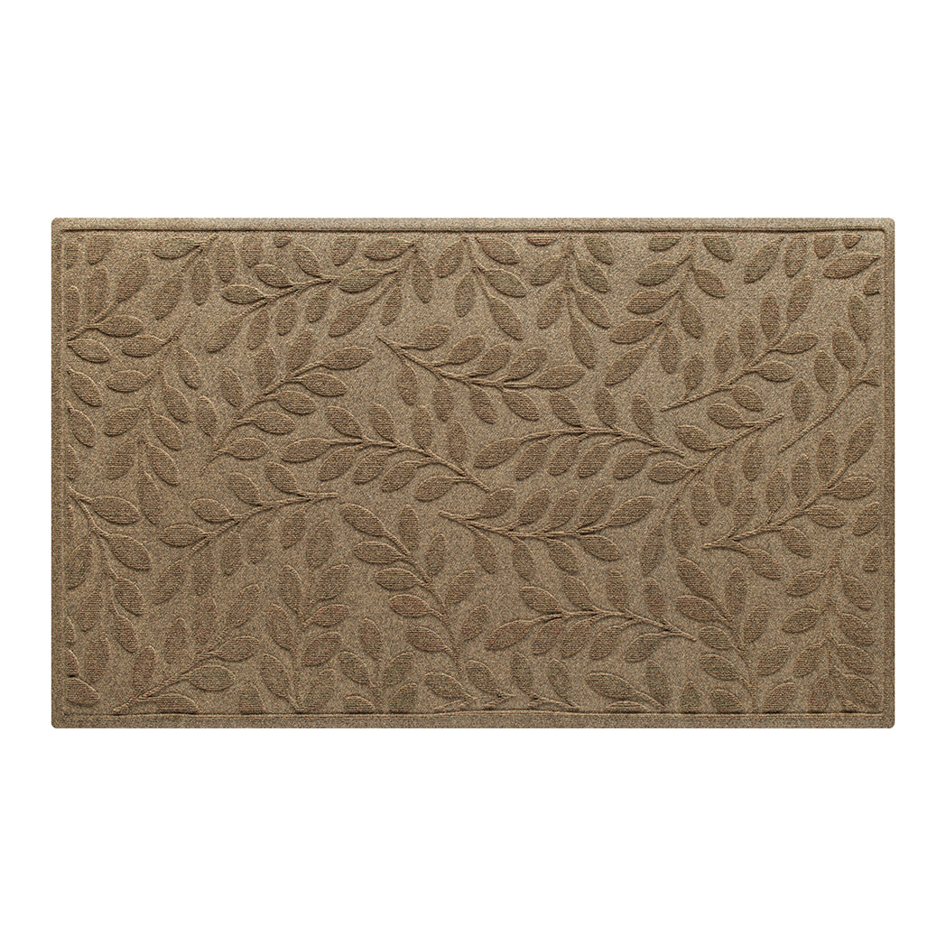 heavy duty beautiful WaterHog all-weather doormat in camel tan/beige color with leafy botanical bi-level pattern on recycled PET surface. 