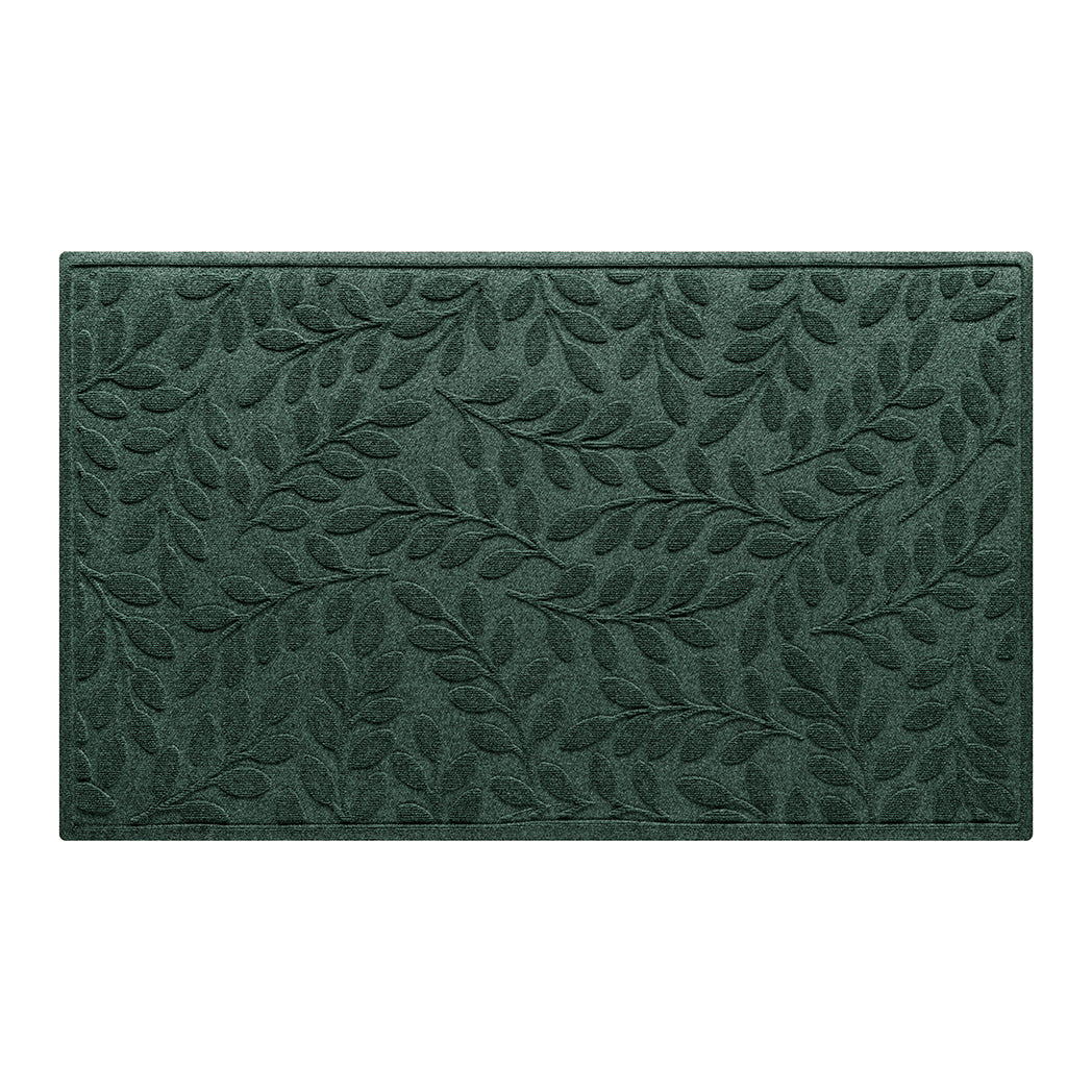 Long-lasting durable WaterHog doormat with botanical leafy patter on a PET bi-level surface in earthy green. 