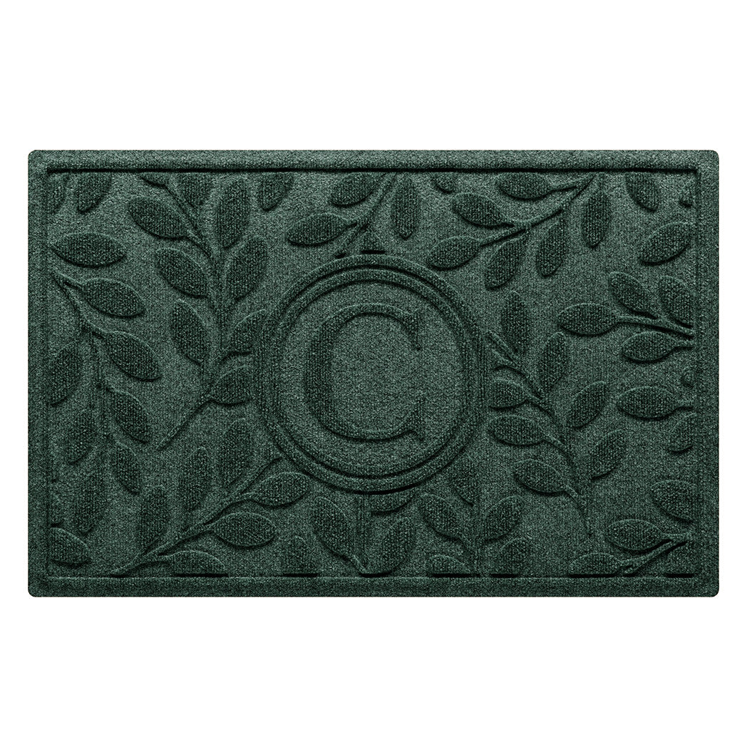 Beautiful earthy green WaterHog doormat in brittney leaf design monogrammed with a letter made with eco-friend materials in the USA. 