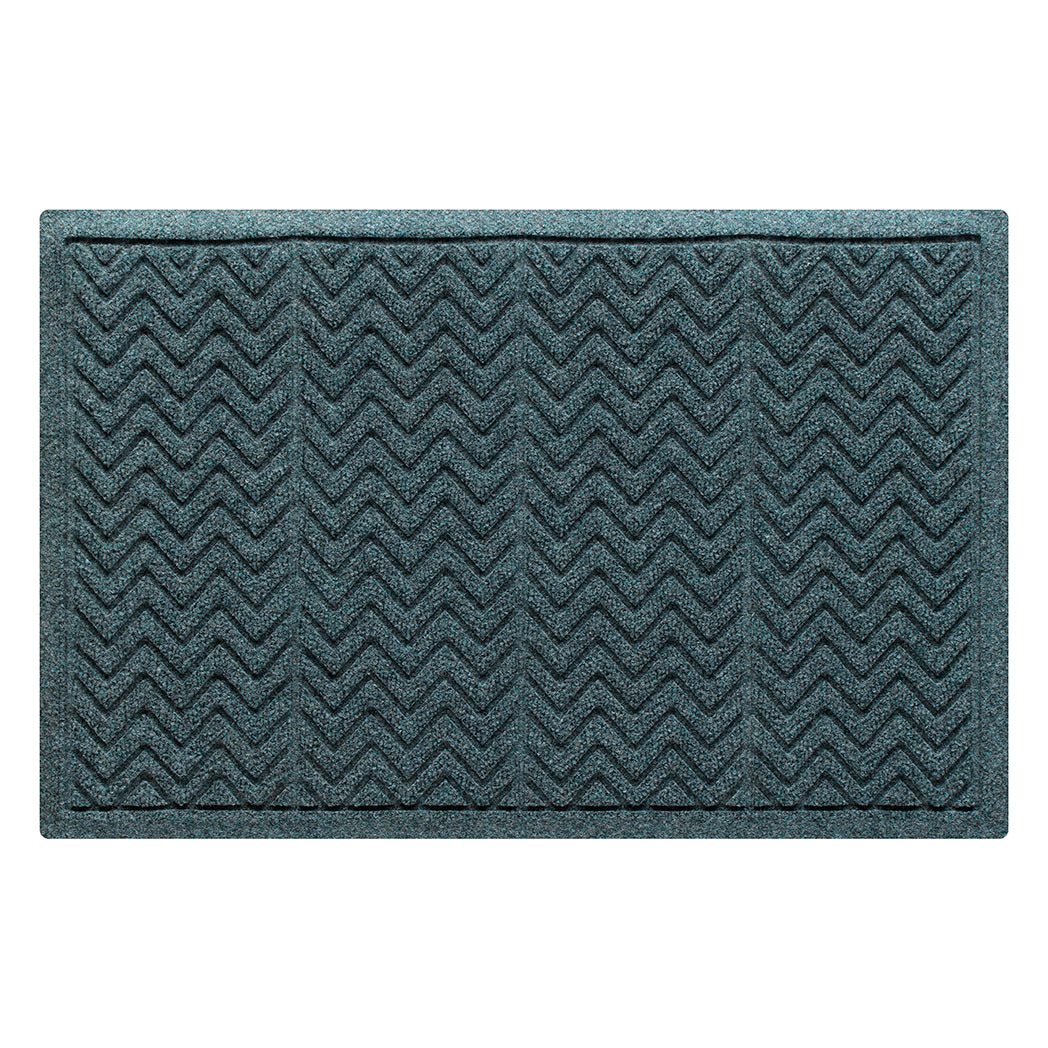 standard sized genuine WaterHog doormat in classic bluestone shade with hues of blue, grey, and green made of recycled materials with a durable rubber backing. 