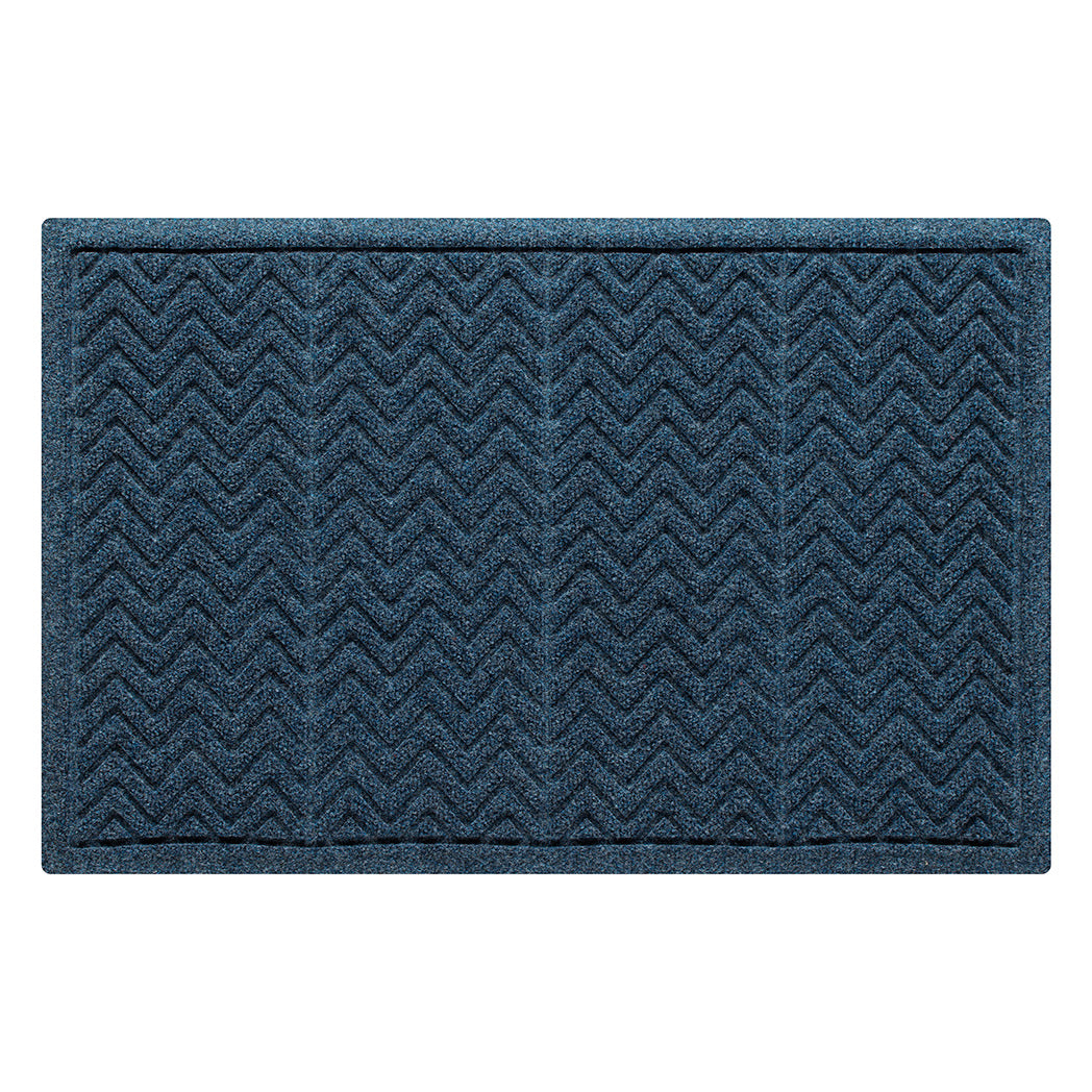 A genuine WaterHog doormat in a deep blue color with a textured zigzag or chevron pattern. Made of durable materials designed for trapping dirt, moisture, and debris.