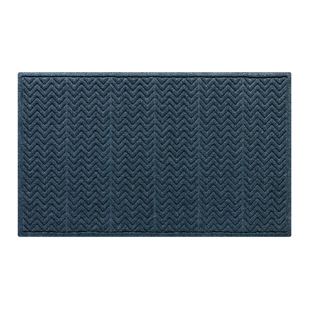 Genuine WaterHog indoor/outdoor doormat in classic navy blue with a chevron pattern made of recycled PET with rubber backing to help prevent sliding. 