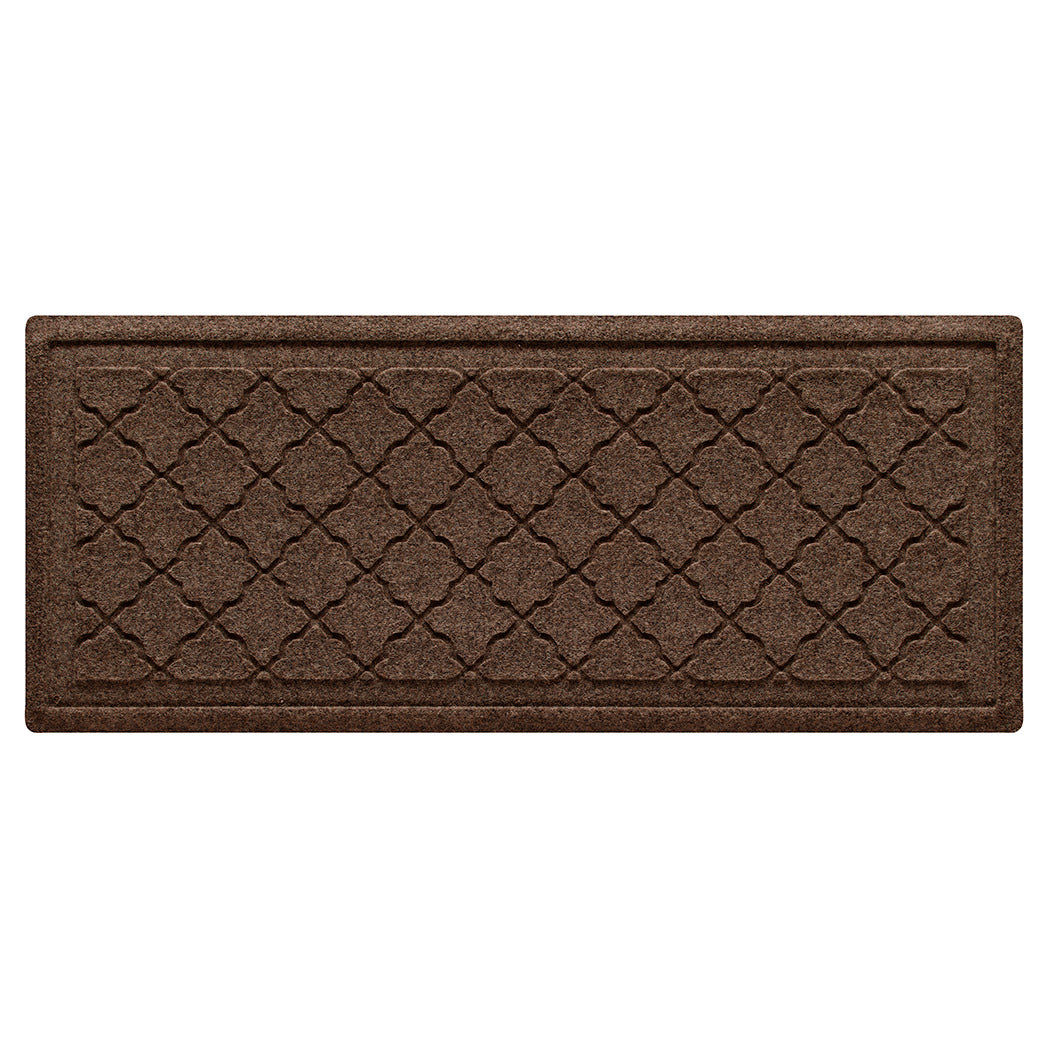 WaterHog Cordova indoor/outdoor modern boot tray with a dark earthy brown repeating quatrefoil, bi-level design.