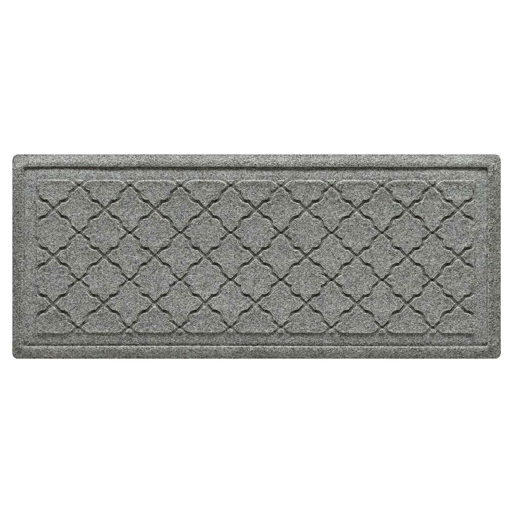 Overhead of a WaterHog Cordova luxury boot tray in a light grey repeating quatrefoil pattern.