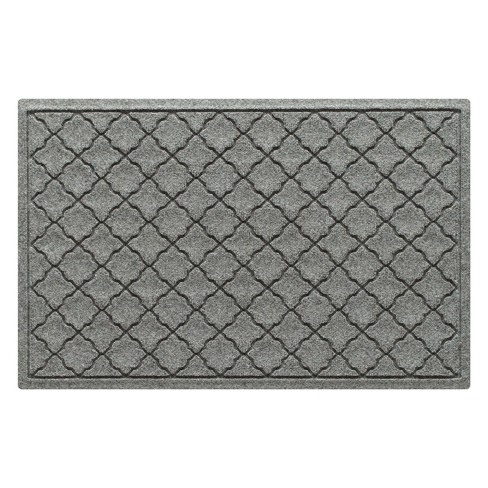 Overhead of a WaterHog medium-sized premium doormat in a light grey repeating quatrefoil, bi-level pattern.