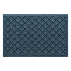 Overhead of a medium Cordova WaterHog indoor/outdoor door mat with a relaxed blue repeating quatrefoil pattern.