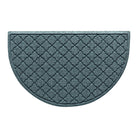 Overhead of Cordova WaterHog indoor/outdoor half-round doormat in a light blue/grey repeating quatrefoil pattern.