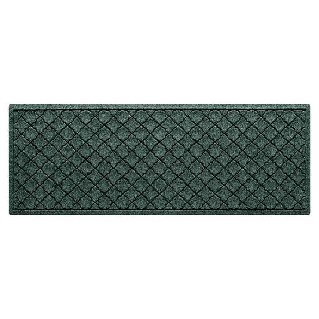 WaterHog small runner with a deep green surface and repeating quatrefoil pattern.