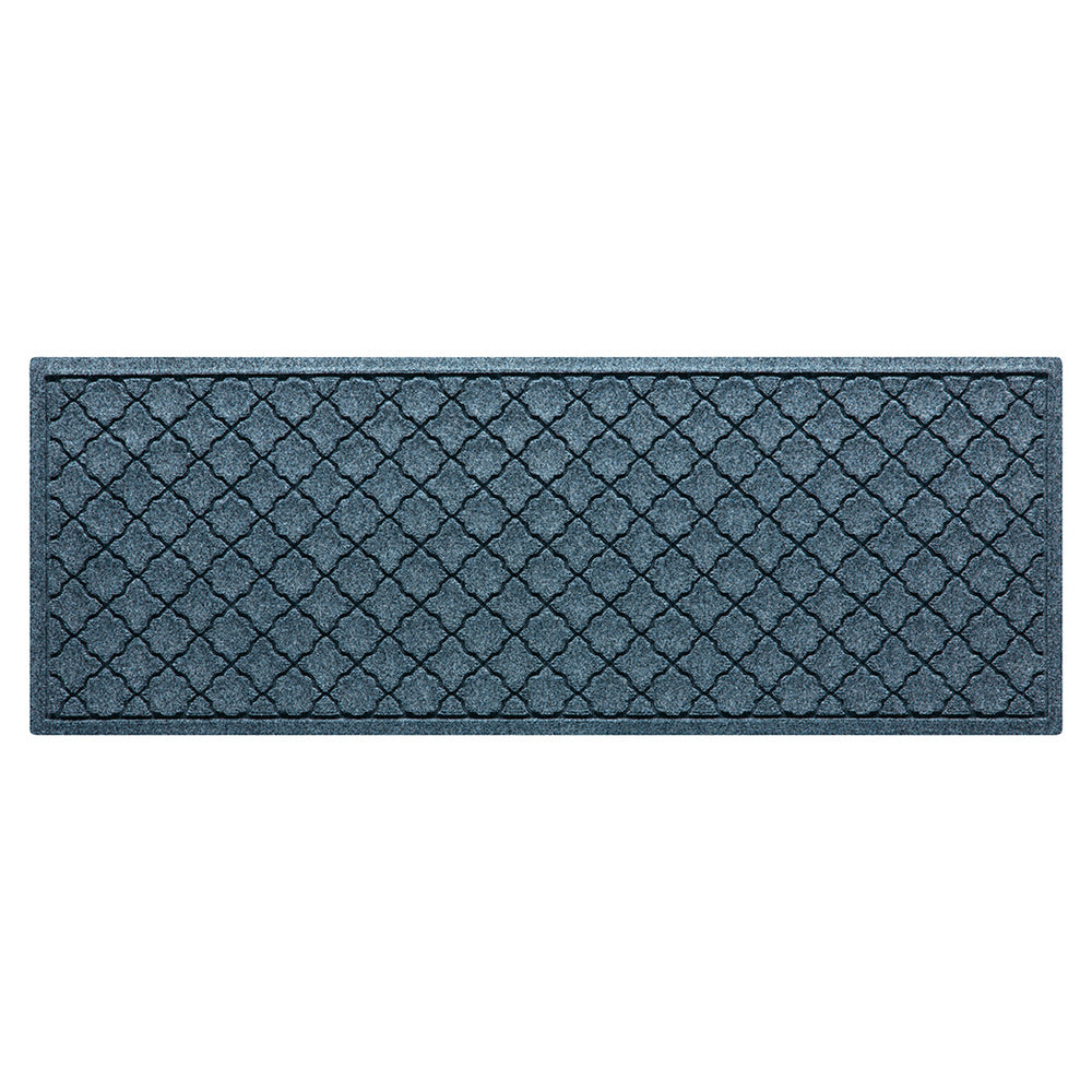 Overhead of a 2x5 Cordova outdoor runner with a relaxed blue surface and repeating quatrefoil pattern.