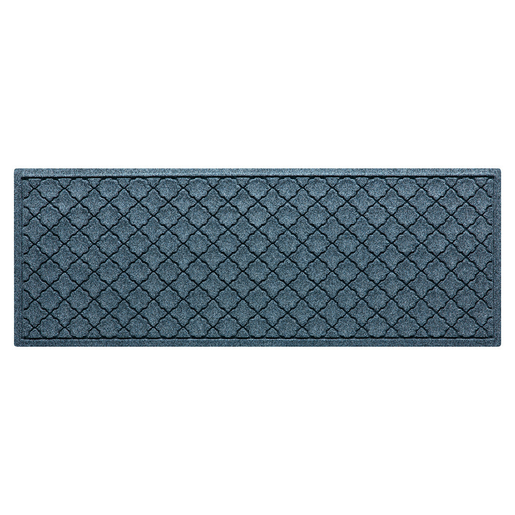 Overhead of a 2x5 Cordova outdoor runner with a relaxed blue surface and repeating quatrefoil pattern.