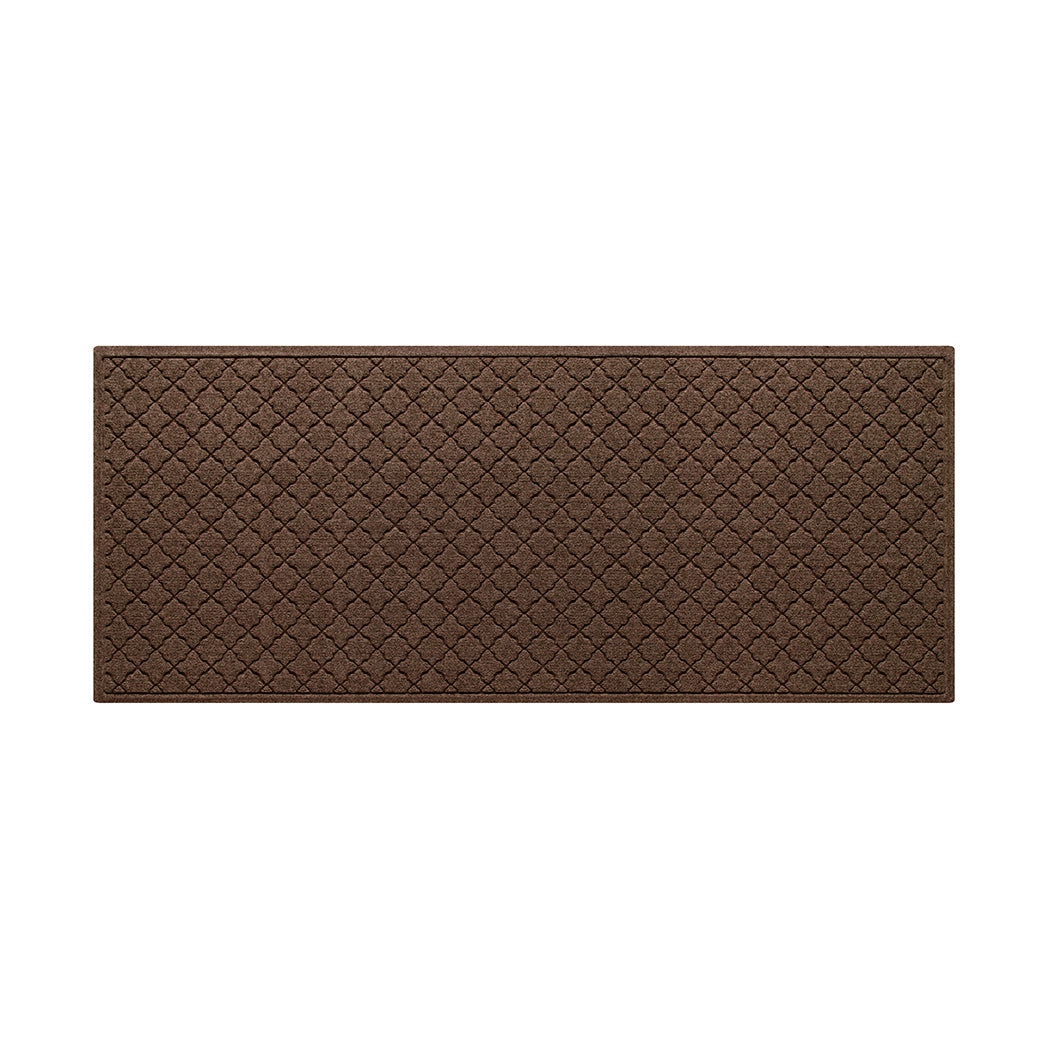 Authentic WaterHog 3x7 all-weather runner in a dark earthy brown repeating quatrefoil and eco-friendly, durable surface.