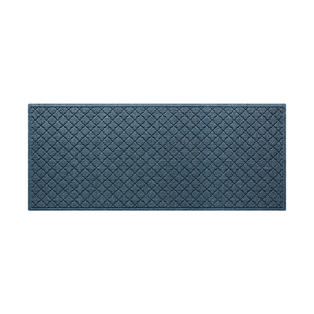 A quality WaterHog medium-sized runner with a relaxed blue repeating quatrefoil fade-resistant, rugged surface.