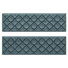 Pair of WaterHog Cordova fade-resistant stair treads  in a light blue/grey repeating quatrefoil, bi-level design.