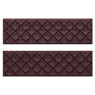 Two WaterHog Cordova water-resistant stair treads with a deep wine red repeating quatrefoil design.