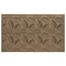 An OG WaterHog 3x5 indoor/outdoor doormat in a light tan leafy design, eco-friendly surface, and durable rubber backing.