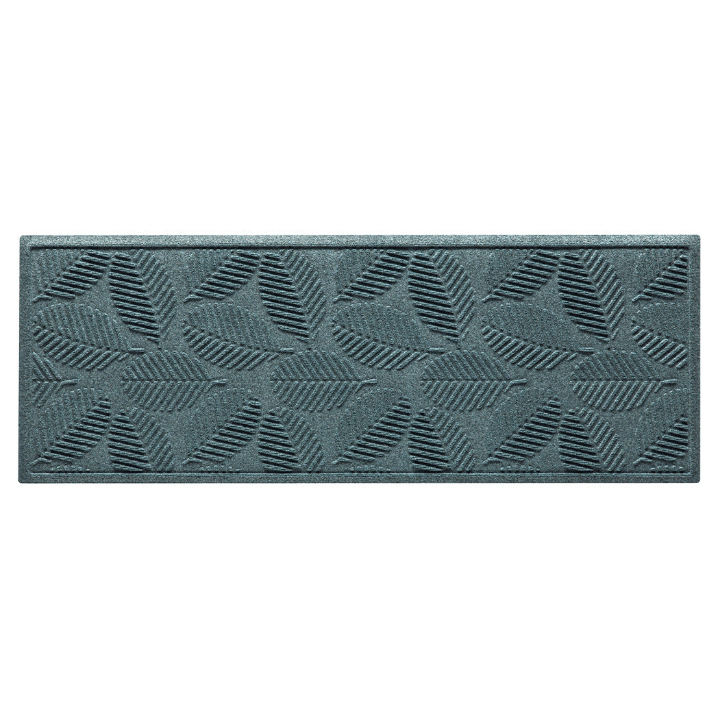 Premium WaterHog 2x5 outdoor runner in a light blue/grey leafy design, stain-resistant surface, and durable rubber backing.