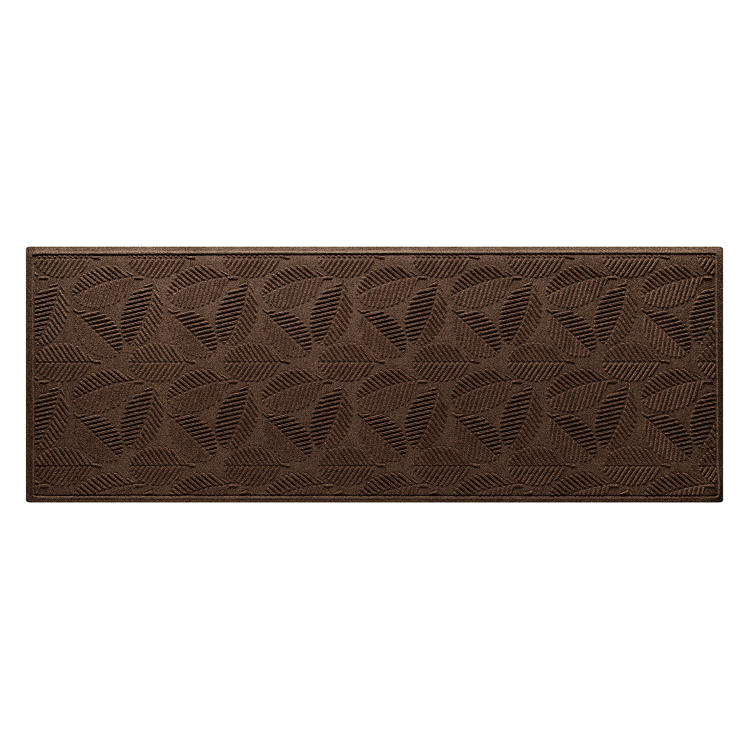 Authentic WaterHog 3x8 all-weather runner in a dark earthy brown leafy design, stain-resistant surface, and incredibly durable backing.