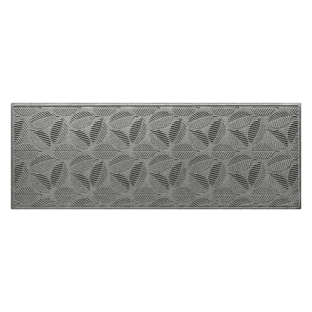 WaterHog 3x8 indoor/outdoor luxury runner in a light grey leafy design, and eco-friendly, durable surface.