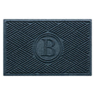 Overhead of a monogrammed Diamonds doormat with a relaxed blue crisscrossing linear and eco-friendly, durable surface.